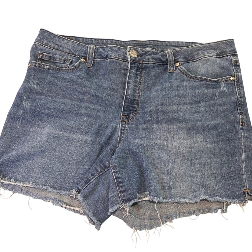 Seven7 Womens Medium Wash Frayed Hem Denim Jean Shorts Size 14 Distressed